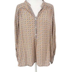 Max Studio Women’s Blouse L Boho Floral Geometric Print Top Rayon Long Sleeve